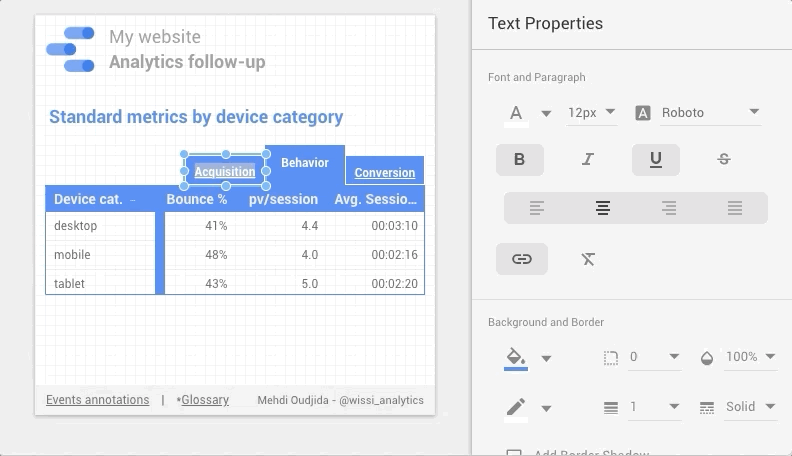 Google Data Studio - Report internal links - Metrics tab