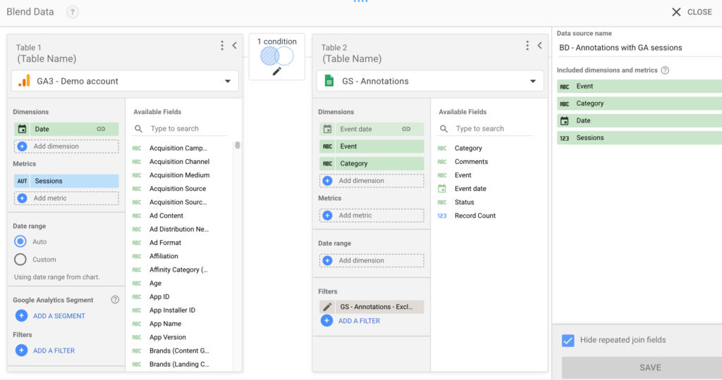 Data blending for annotations inside Looker Studio