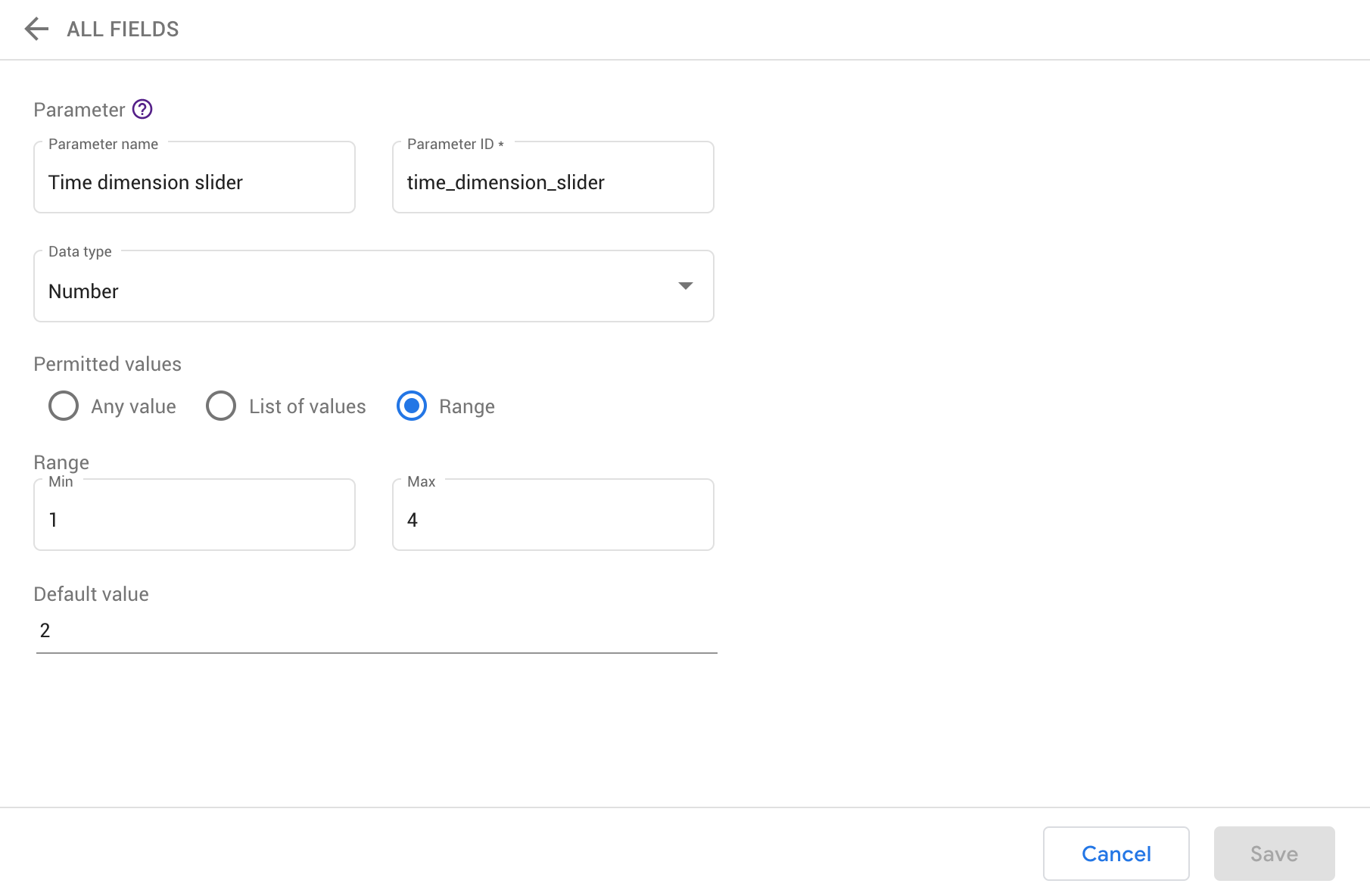 Data Studio - Paramètre configuré pour le slider de granularité temporelle