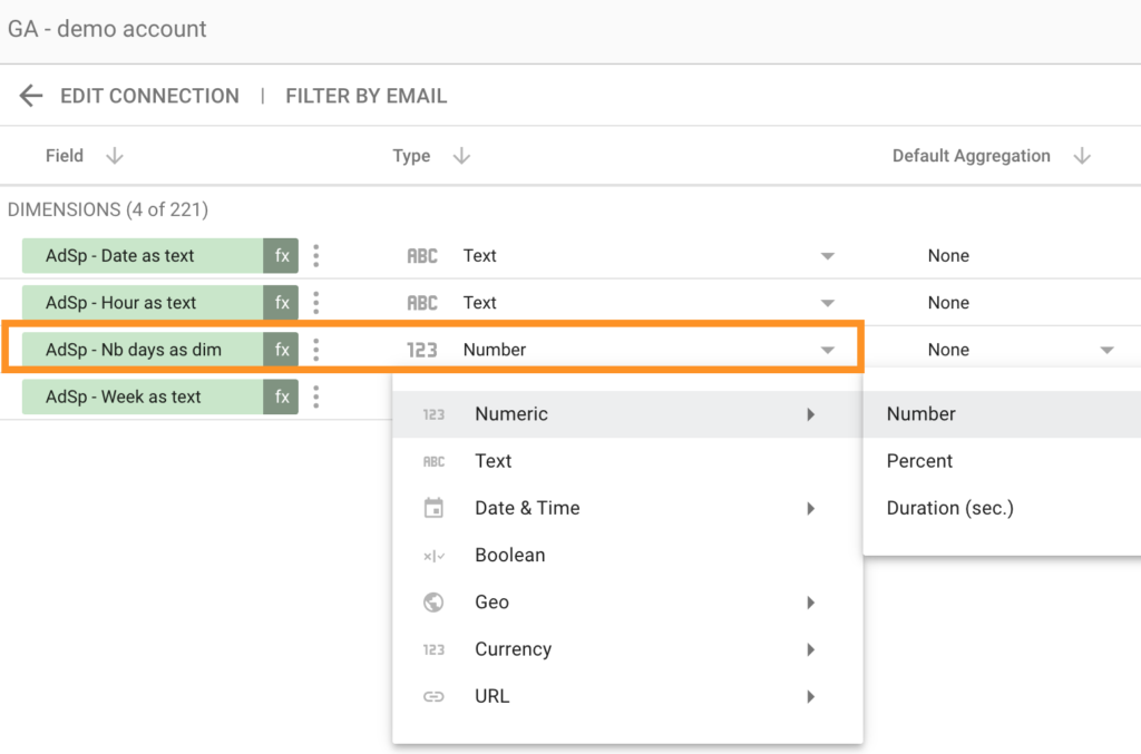 Google Data Studio - Fields list - Type to Number
