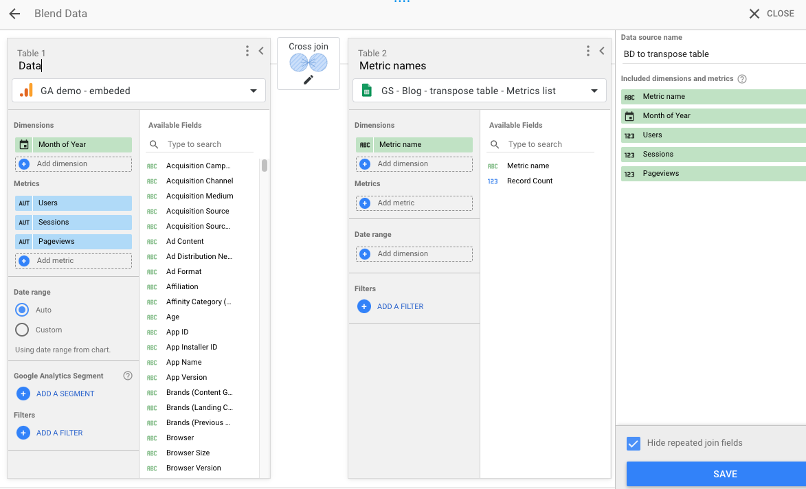 Data blending to transpose the data set
