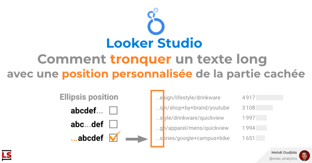 Comment tronquer sous Looker Studio un texte long avec une position personnalisée de la partie cachée
