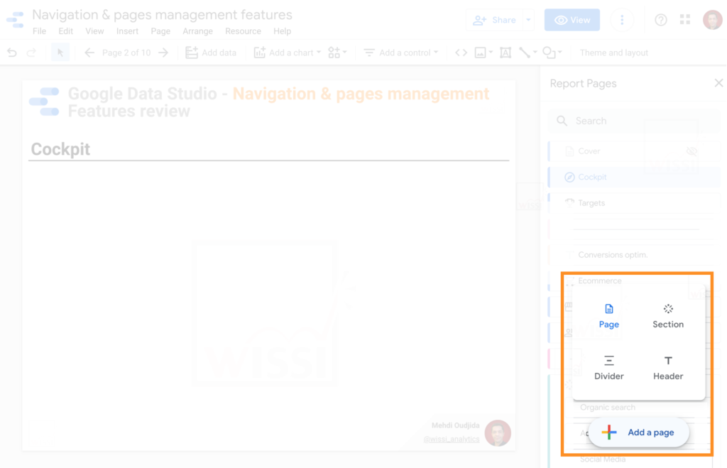 Add pages or navigation item on Google Data Studio