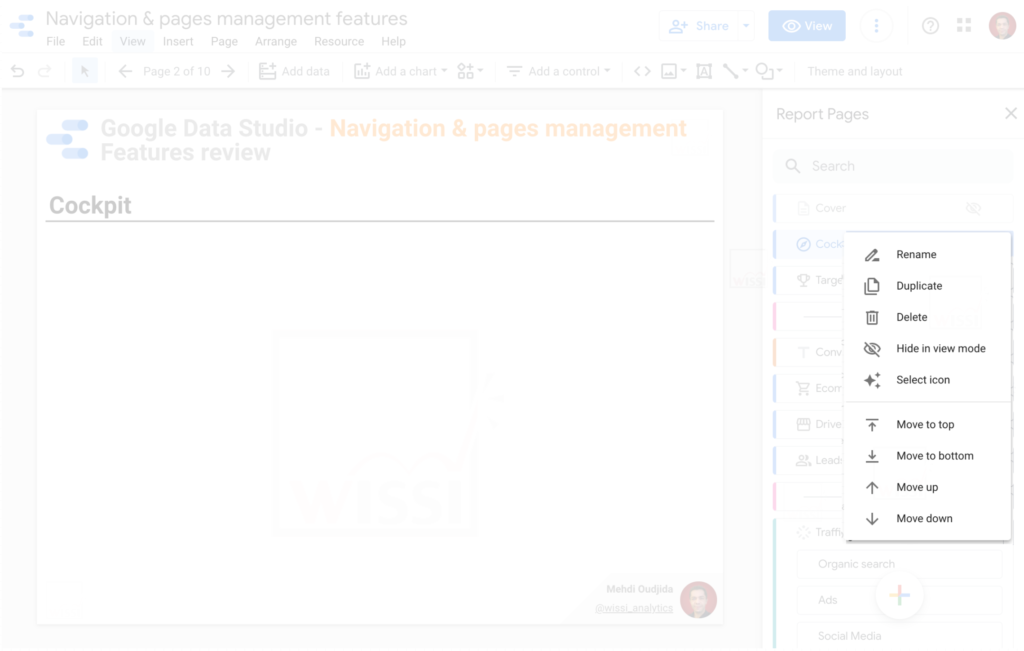 Data Studio report pages panel - Item actions