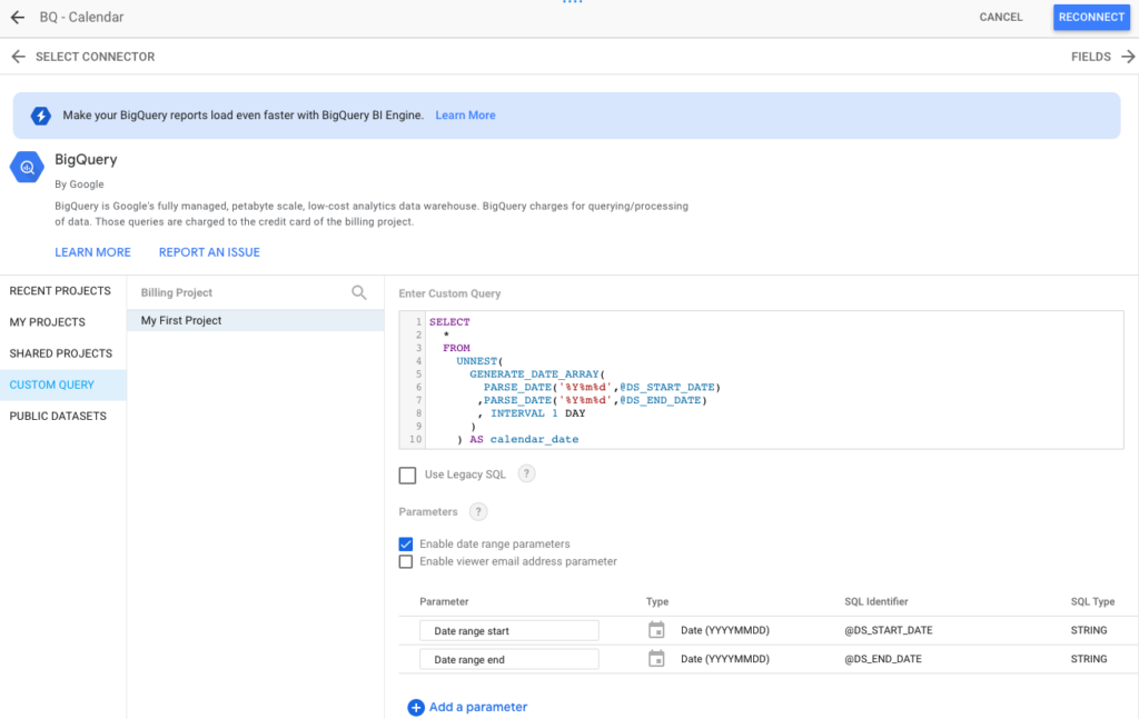 BigQuery data source for dates data