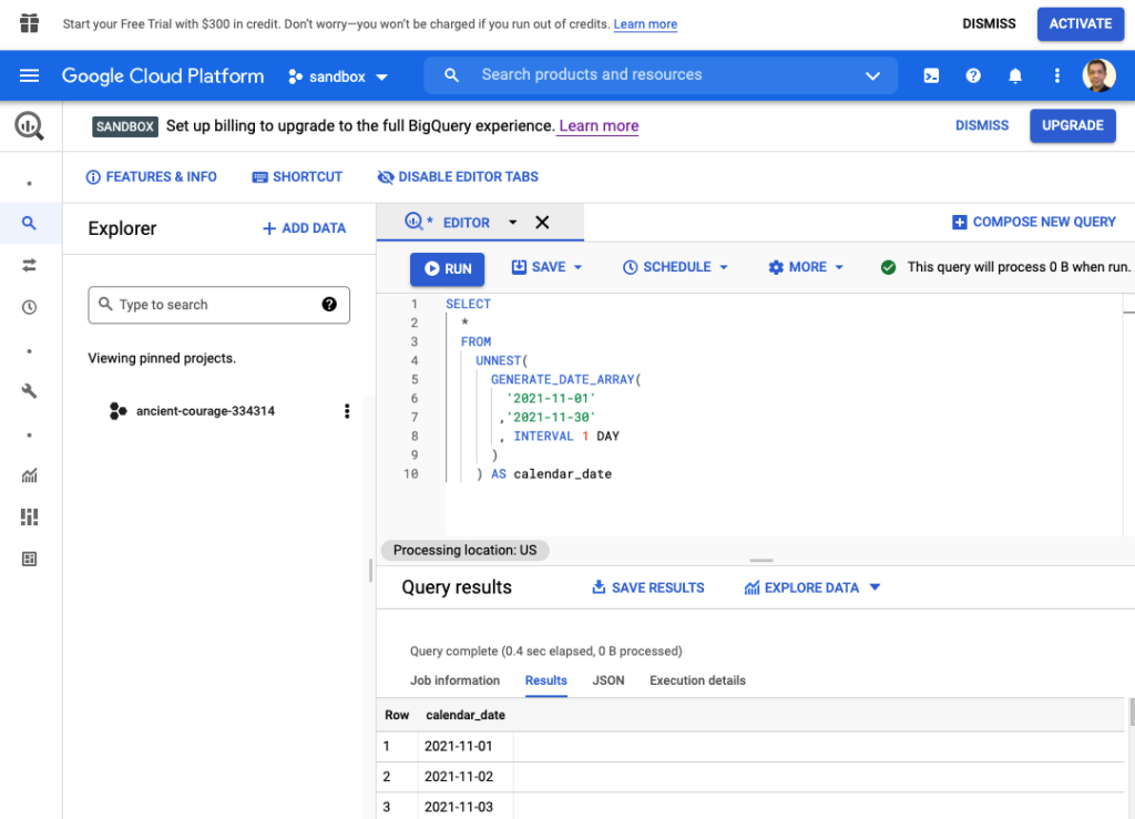 BigQuery sandbox project for Data Studio data source