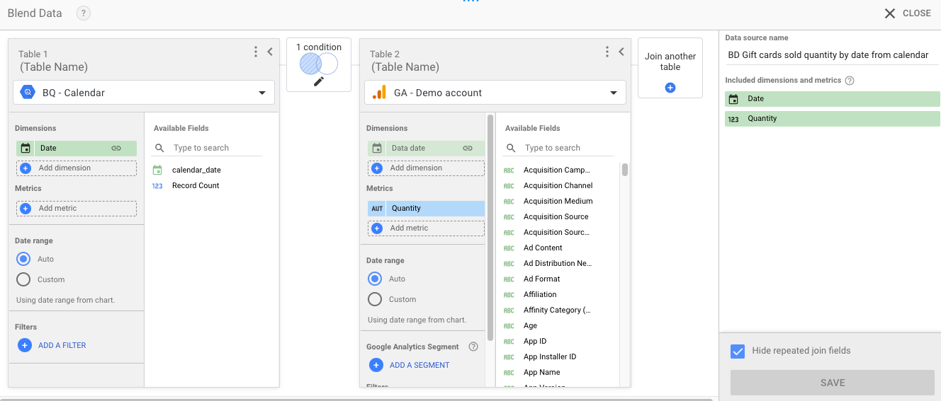 Data studio blended data source for dates without data