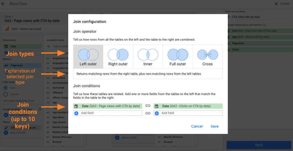 Data Studio blended data - Configuration of tables join