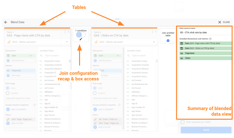 Google Data Studio data blending panel