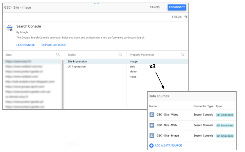 Google Search Console properties data sources