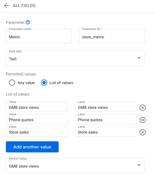 Parameter to configure for Data Studio metric selector