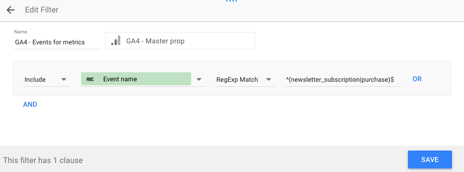 Data filter for right table to select event metrics