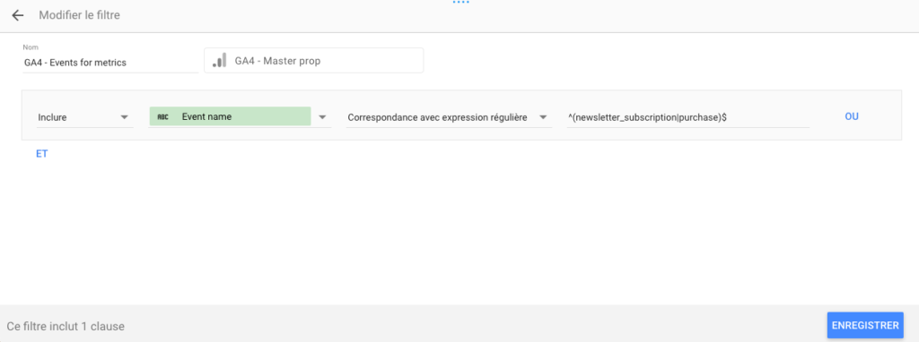 Filtre de données pour isoler les métriques événements souhaitées de GA4