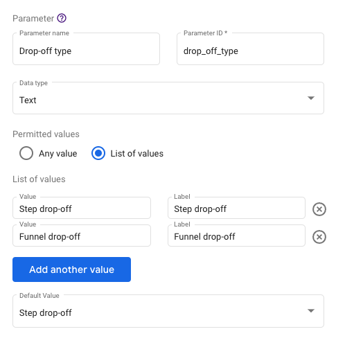 Looker Studio parameter dropoff type for the funnel
