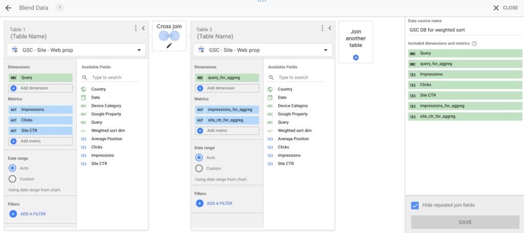 Looker Studio data blending for analytics weighted sort