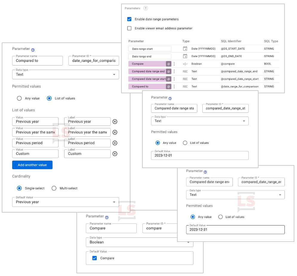Tous les paramètres de requête SQL BigQuery pour une comparaison interactive de plages de dates personnalisées avec Data Studio
