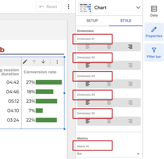 Data Studio companion - Settings feature - Style tab with field names for table charts