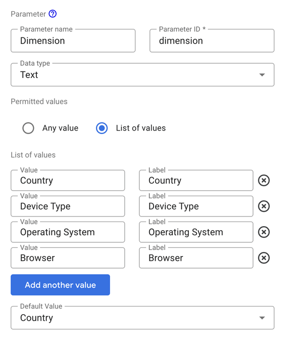 Parameter for Data Studio dimension selector control