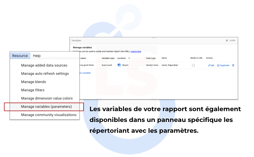 Panneau d'accès aux variables de résultat de requête