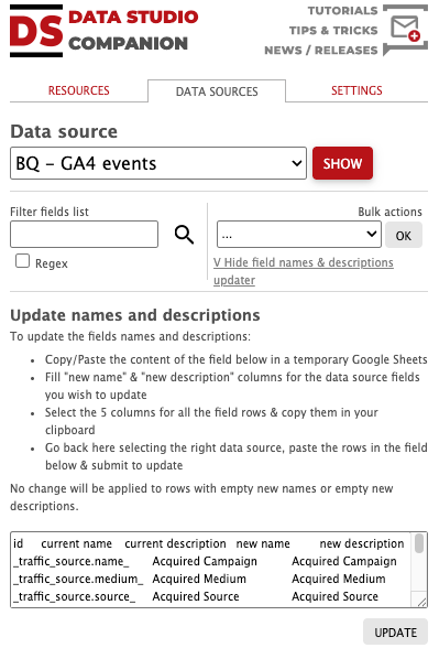 Data Studio companion - Data Source - Update names and descriptions