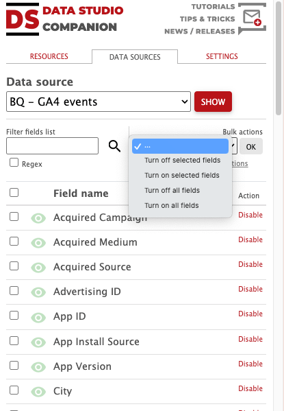 Data Studio Companion - Data sources tab