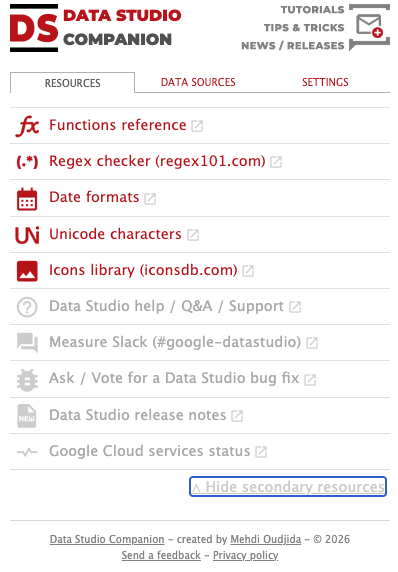 Data Studio Companion - Resources tab