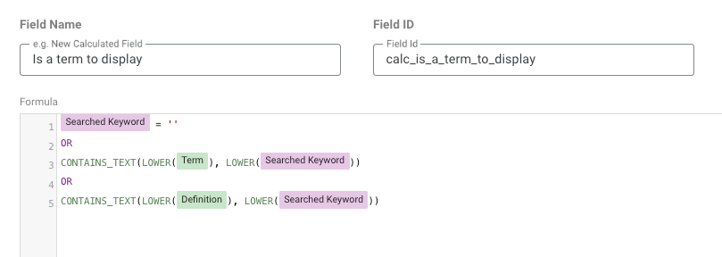 Data Studio calculated field checking if the keyword is present in the term or the definition