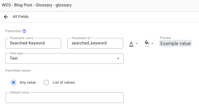 Data Studio text parameter for the searched keyword of the glossary
