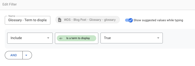 Data Studio filter including only the glossary terms to display